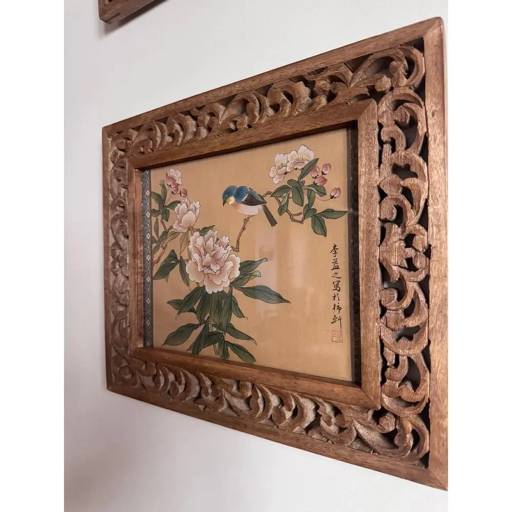 Vintage Pair Asian Silk Bird Floral Paintings, Carved Wood Framed Botanicals